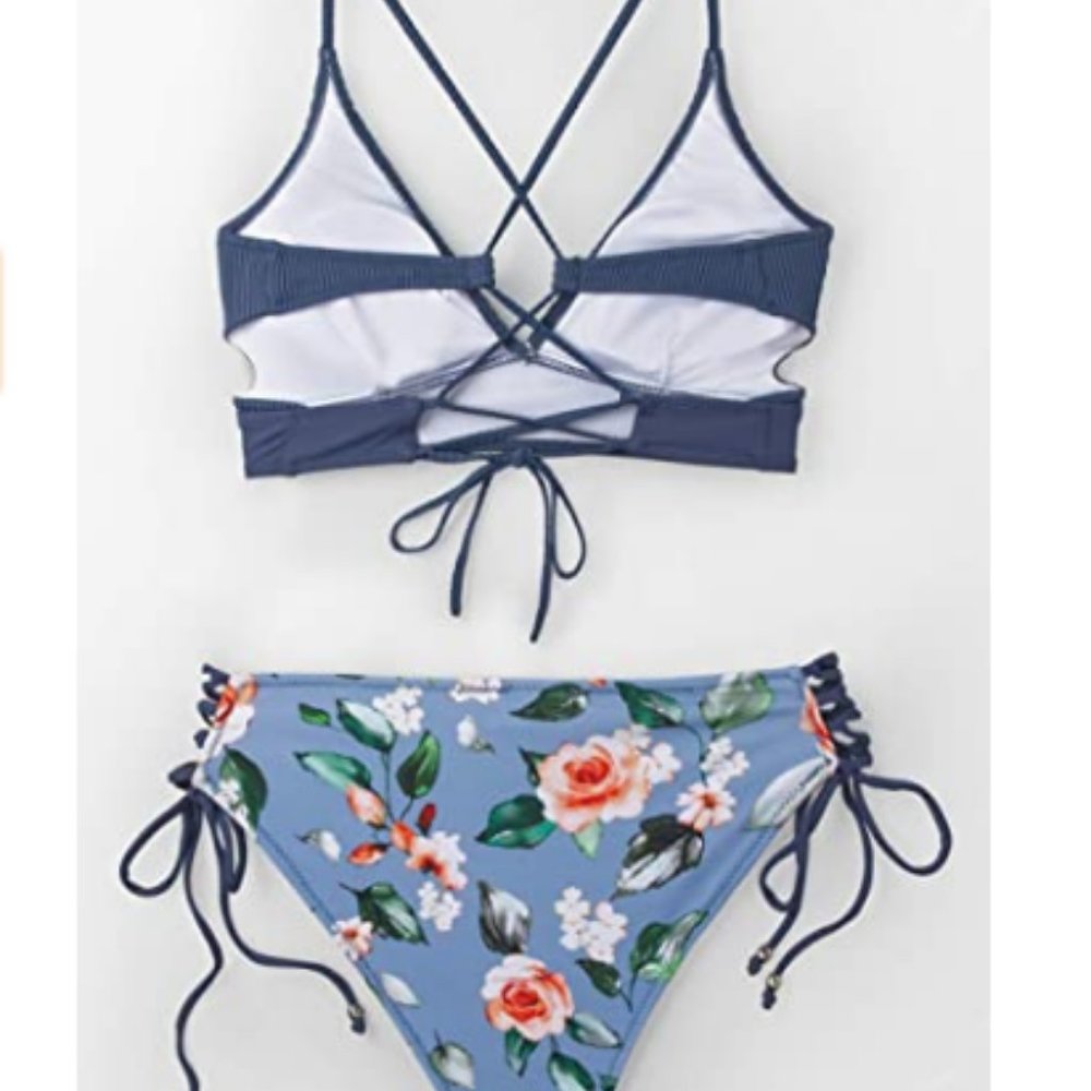 Floral Print Lace Up V Neck Two Piece Bathing Suit - Picture 3 of 5